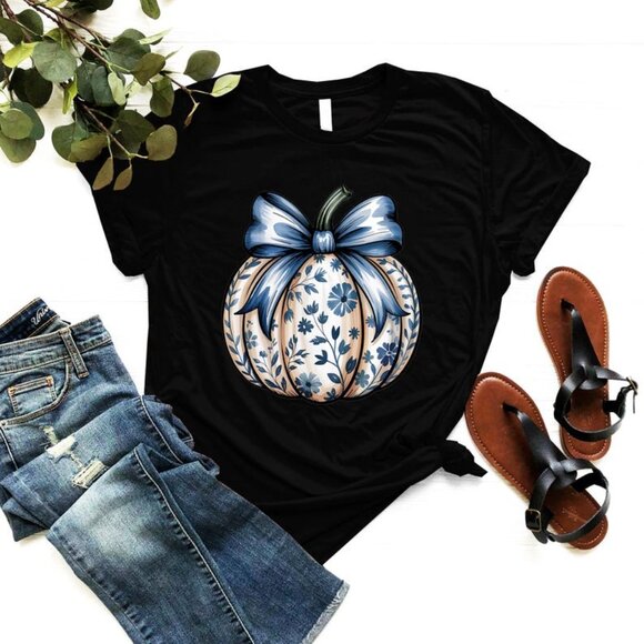 Lea S Other - Pumpkin With Bow Tee, Fall Pumpkin Shirt, Blue Bow Shirt, Coquette Bow Shirt 152